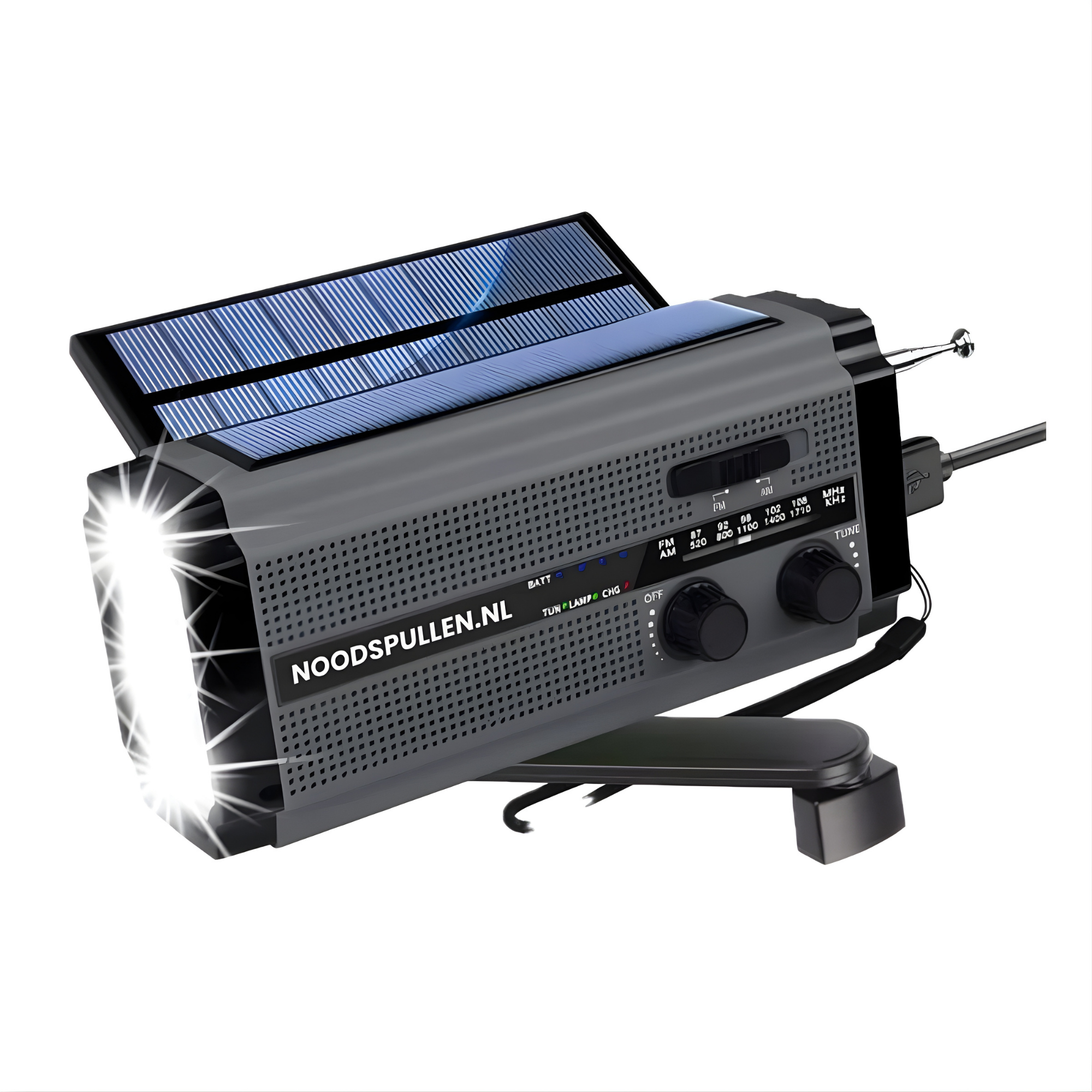 #1 noodradio met dynamo + 2 zonnepanelen + 2 lampen + mega accu + FM/AM