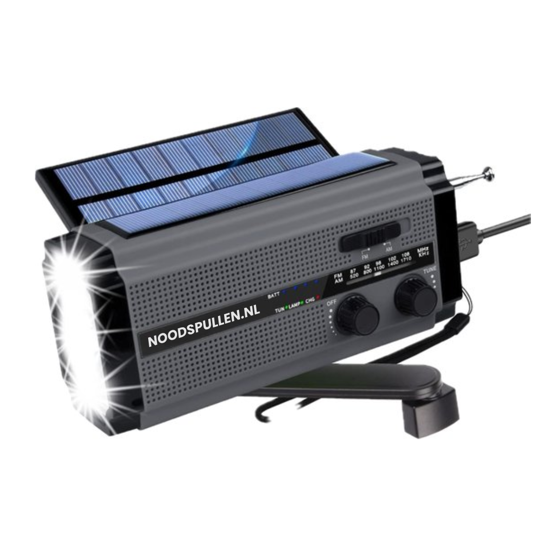 #1 noodradio met dynamo + 2 zonnepanelen + 2 lampen + mega accu + FM/AM