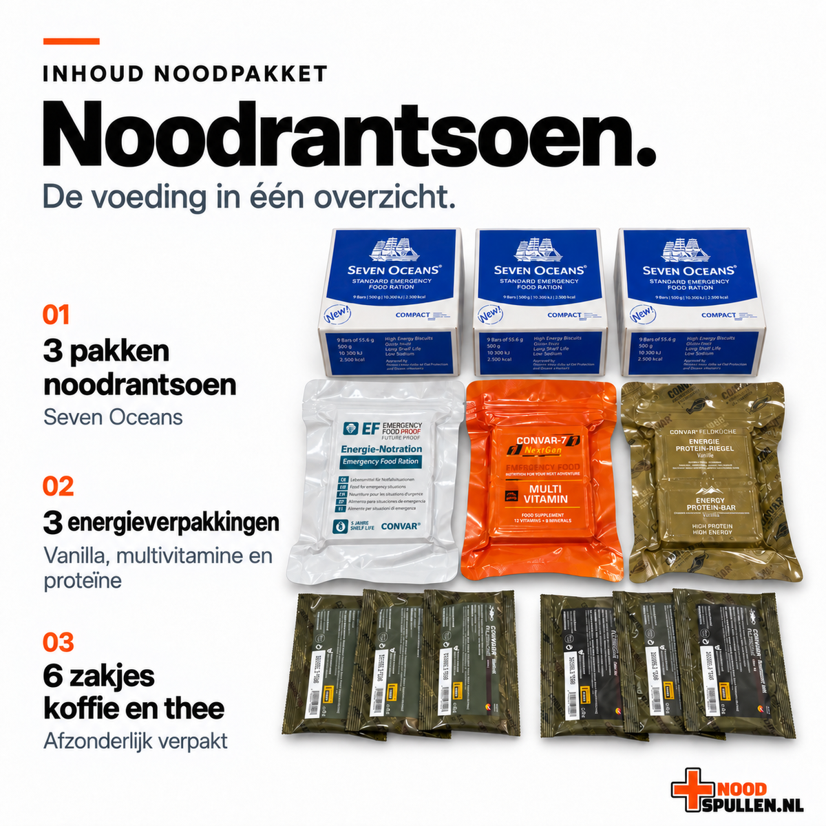 Noodvoeding: 3 Seven Oceans-rantsoenen, 3 CONVAR-energieverpakkingen en 6 zakjes koffie en thee